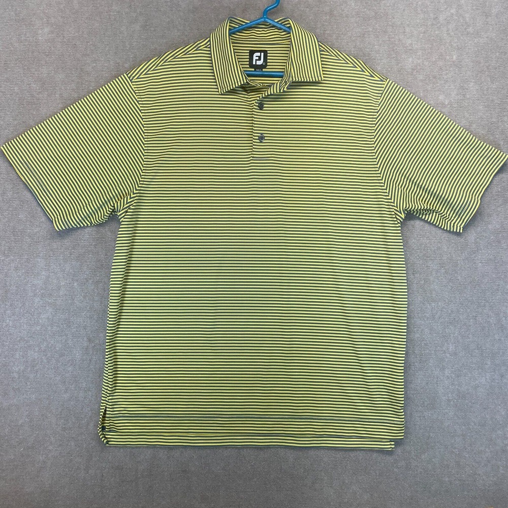FootJoy FJ Golf Striped Polo Shirt Men's Large Yellow Blue Short Sleeve Stretch